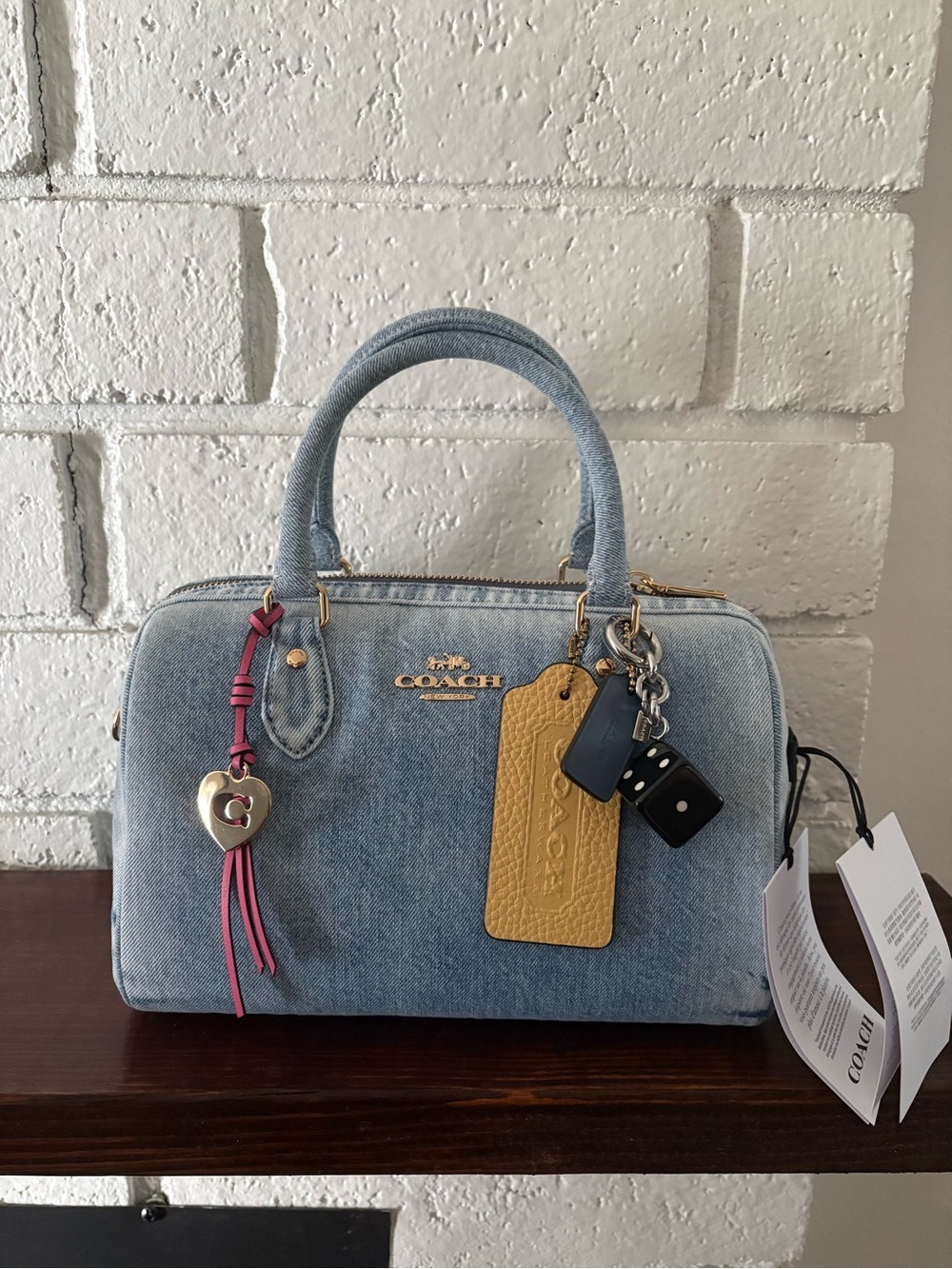 Coach Light Blue Denim Satchel with Yellow Tag and Pink Charm